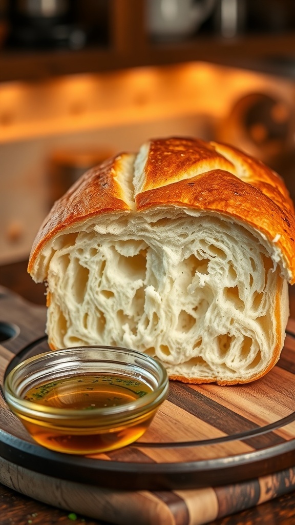 Quick Homemade Bread Recipe A golden brown homemade bread loaf sliced on a wooden board with olive oil in a bowl.